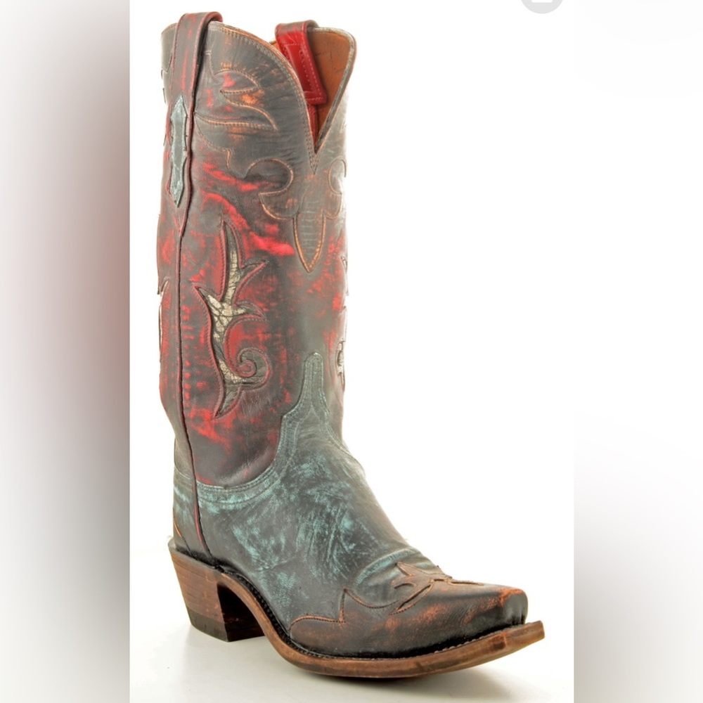 Lucchese Women’s Western Cowboy Boots Red Teal & Brown Distressed Leather Size 7 - Picture 3 of 17